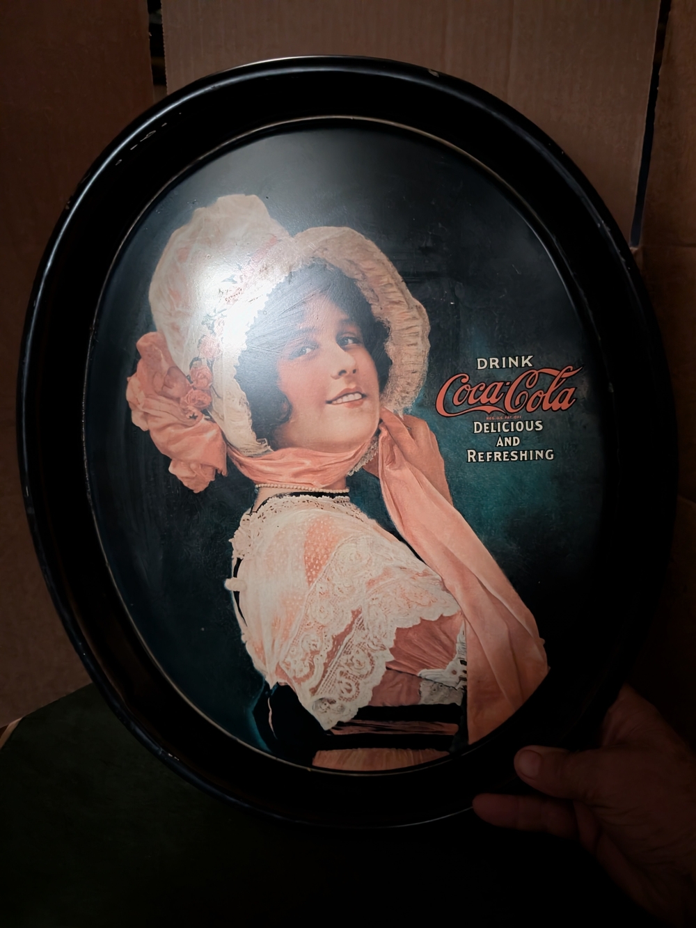 Coca Cola Vintage Style Oval Wall Tray - Black Frame with Pink Accents